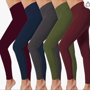 five pairs of buttery soft leggings: blue, green, red, maroon, and gray